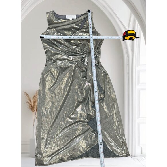 NEW Superfoxx Sz M Silver Metallic Sleeveless Dress Side Knot Asymmetric Ruffle - Picture 8 of 9